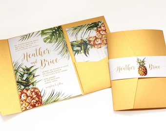 Tropical Wedding Invitation, Palm Leaves, Destination Wedding Invitation, Beach Wedding Invitation, Hawaii Wedding, Pineapple, -SAMPLE