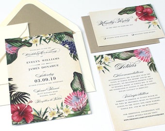 Tropical Wedding Invitation, Destination Wedding Invitation, Floral Invitation, Vintage Tropical, Hawaii Invitation, Beach, Exotic- SAMPLE