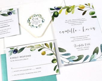 Wedding Invitation, Mediterranean Invitation, Olive Branch, Vineyard Wedding, Greek Wedding Invitation, Olive Vine - SAMPLE