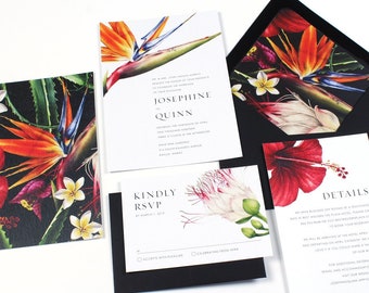 Tropical Wedding Invitation, Destination Wedding Invitation, Birds of Paradise, Hibiscus, Hawaii Invitation, Exotic Flowers- SAMPLE