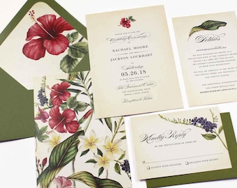 Tropical Wedding Invitation, Destination Wedding Invitation, Floral Invitation, Vintage Tropical, Hawaii Invitation, Exotic Flowers- DEPOSIT