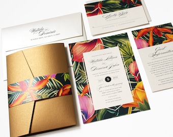 Tropical Wedding Invitation, Destination Wedding Invitation, Beach Wedding Invitation, Tropical Flowers, Hawaiian - DEPOSIT