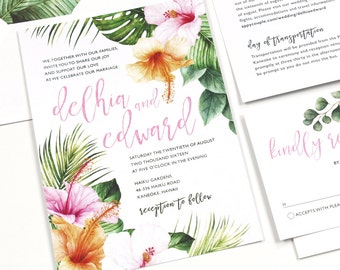 Hibiscus Wedding Invitation, Tropical Invitation, Destination Wedding Invitation, Palm leaves, watercolor, Hawaii Wedding -SAMPLE