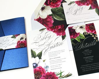 Winter Wedding Invitation, Fall Wedding Invitation, Navy Wedding Invitation, Floral Wedding Invitation, Watercolor Invitation -DEPOSIT