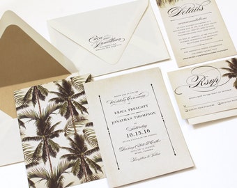 Tropical Wedding Invitation, Destination Wedding Invitation, Palm Tree Invitation, Vintage Tropical, Beach Invitation, Palm Leaves - DEPOSIT