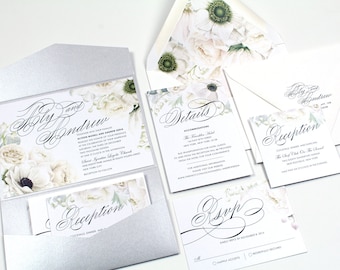 White Wedding Invitation, Silver Wedding Invitation, Floral Invitation, Anemones Invitation, Watercolor Invitation, White Flowers -DEPOSIT