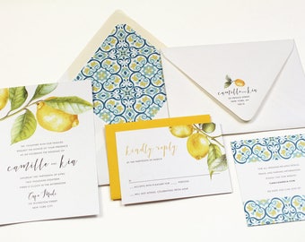 Lemon Wedding Invitation, Mediterranean Wedding Invitation, Vineyard Wedding, Wedding Invitation, Greek Wedding Invitation, Yellow - DEPOSIT