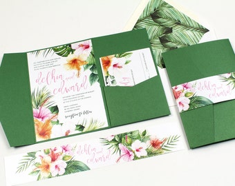 Hibiscus Wedding Invitation, Tropical Invitation, Destination Wedding Invitation, Palm leaves, watercolor, Hawaii Wedding -DEPOSIT