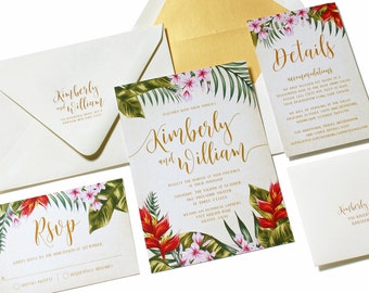 Tropical Wedding Invitation, Destination Wedding, Beach Invitation, Palm leaves, Hibiscus, Island Wedding, Hawaii, Caribbean-DEPOSIT