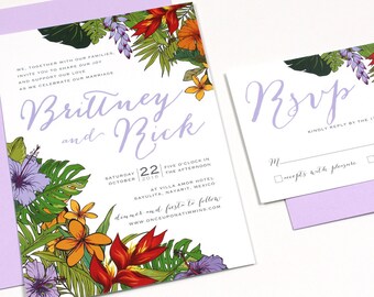 Tropical Wedding Invitations, Destination Wedding Invitations, Tropical Flowers, Hibiscus, Heleconia, Mexico, Hawaii- DEPOSIT