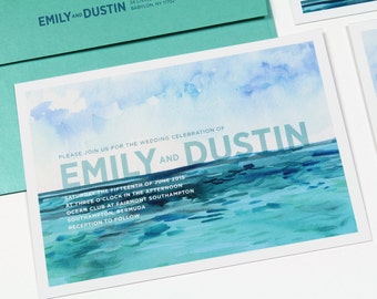May include: A wedding invitation with a watercolor background of a blue ocean and sky. The invitation reads "Please join us for the wedding celebration of Emily and Dustin. Saturday the fifteenth of June 2015 at three o'clock in the afternoon Ocean Club at Fairmont Southampton Southampton, Bermuda Reception to follow."