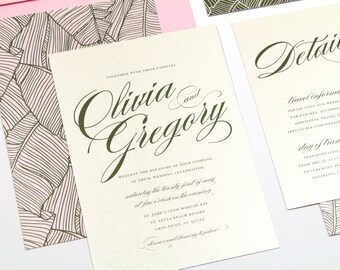 May include: A wedding invitation with a tropical theme. The invitation is printed on ivory cardstock with a green and white tropical leaf design. The text on the invitation reads "Together with their families, Olivia and Gregory request the pleasure of your company at their wedding celebration, Saturday the first of May at five o'clock in the evening, St. James's Club Morgan Bay, St. Lucia Beach Resort, Gros Islet, St. Lucia. Dinner and dancing to follow."