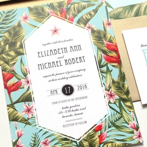 Tropical Wedding Invitation, Destination Wedding Invitation, Beach Wedding Invitation, palms and tropical flowers - SAMPLE