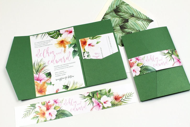 Hibiscus Wedding Invitation, Tropical Invitation, Destination Wedding Invitation, Palm leaves, watercolor, Hawaii Wedding DEPOSIT image 1