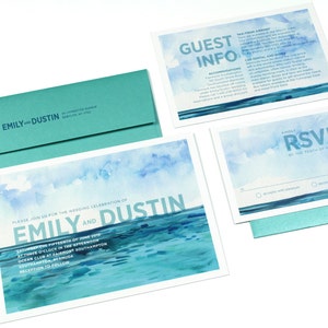 Beach Wedding Invitations, Destination Wedding Invitations, Save the Date, Nautical, Ocean Watercolor, Aqua and Blue- DEPOSIT