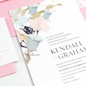 Floral Wedding Invitation, Watercolor flowers, elegant and delicate, pastel pinks, aquas, golds - SAMPLE