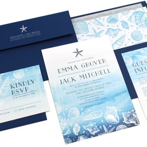 Beach Wedding Invitation, Nautical Wedding Invitation, Seashell Wedding Invitation, Starfish, navy blue SAMPLE image 2