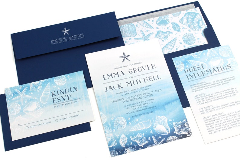 Beach Wedding Invitation, Nautical Wedding Invitation, Seashell Wedding Invitation, Starfish, navy blue SAMPLE image 2