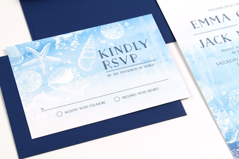 Beach Wedding Invitation, Nautical Wedding Invitation, Seashell Wedding Invitation, Starfish, navy blue SAMPLE image 3