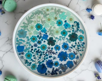 12" Pressed Flower Cake Stand, Resin and Ceramic, Blue and Turquoise Flowers, Wedding Cake Stand, Bridal Shower