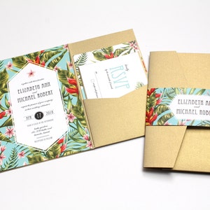 Tropical Wedding Invitation, Destination Wedding Invitation, Beach Wedding Invitations, Pocketfold Wedding Invitation, palms - DEPOSIT