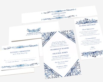Blue Floral Wedding Invitation: Mediterranean, Greek, Mexican (DEPOSIT)