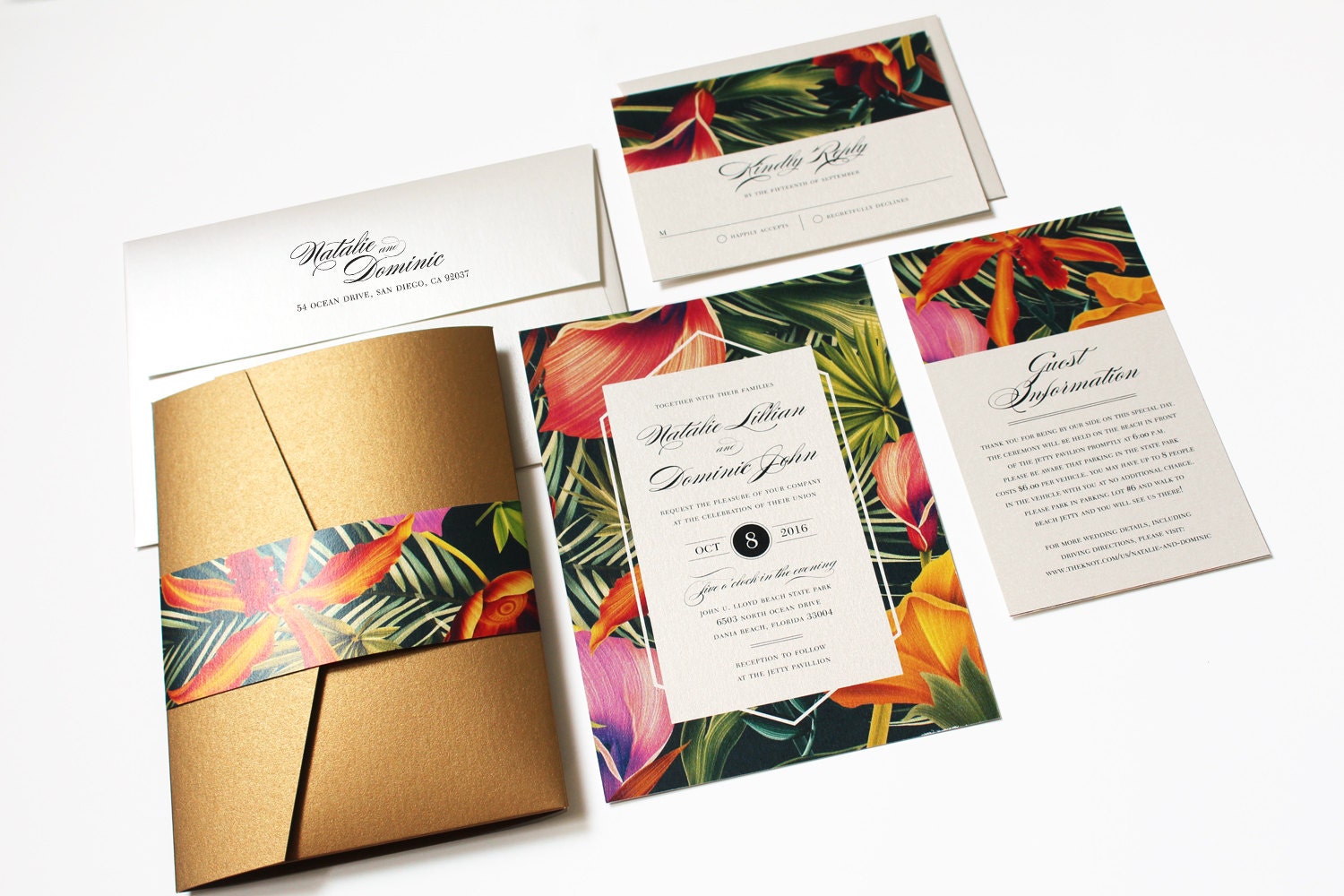 5x7 Metallic Gold Floral & Forest Green Wedding Invitation with