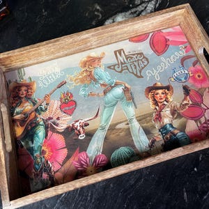 Cowgirl Decorative Tray/Western Cowgirl/Floral/Serving Tray/Dorm/Vanity Tray/Collage/Resin Tray/Wood Tray/Cowgirl/Boho Tray