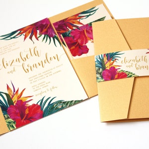 Tropical Wedding Invitation: Hibiscus, Birds of Paradise, Gold Metallic