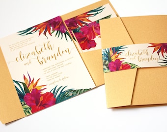 Tropical Wedding Invitation, Tropical Flowers, Destination Wedding Invitation, Beach Wedding Invitation, Hawaii Wedding, Hibiscus, -DEPOSIT