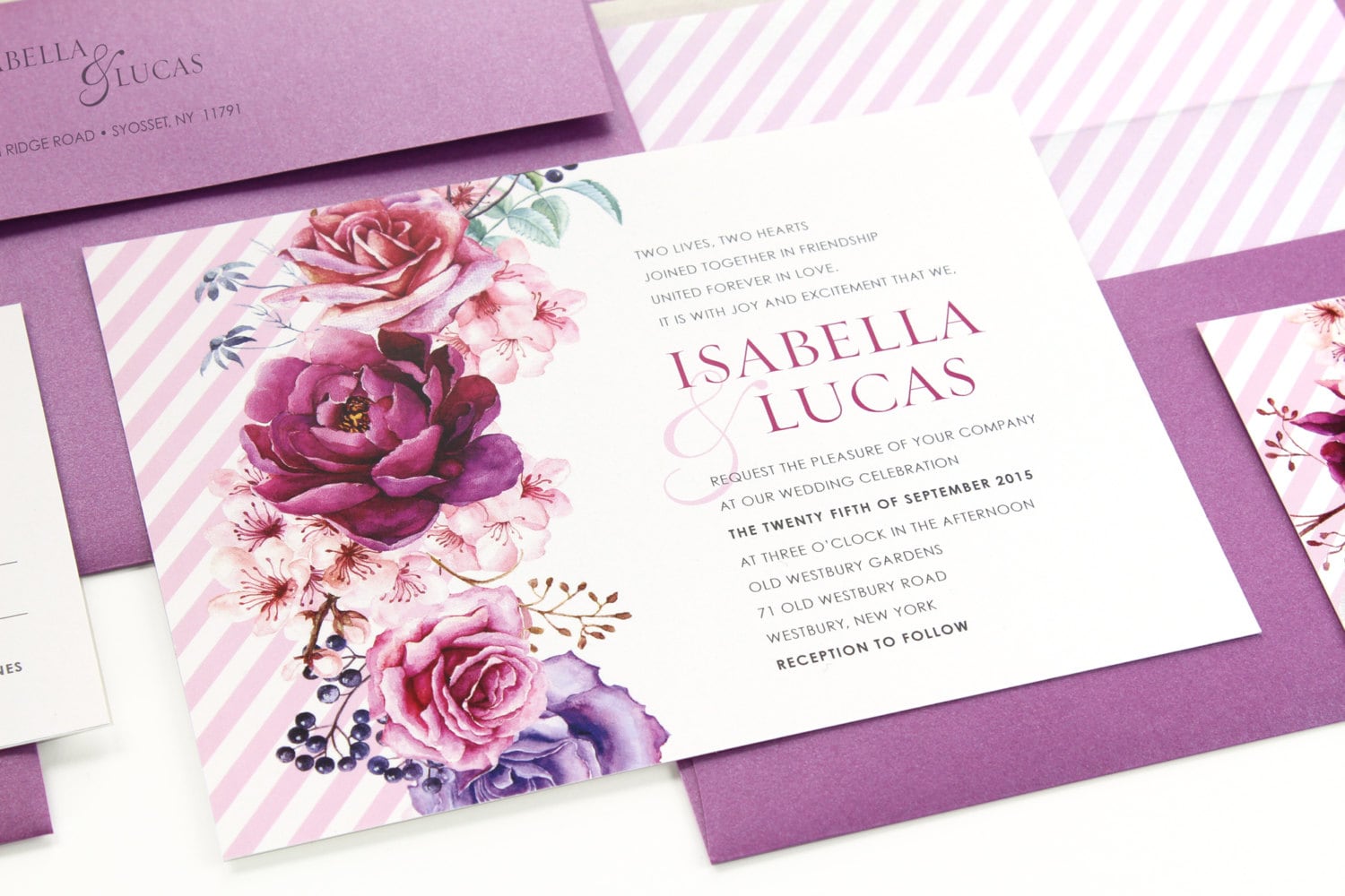 Boho Floral Wedding Invitation: Watercolor Pink \u0026 Purple Stripes (SAMPLE) -  Etsy, image size:1500x1000