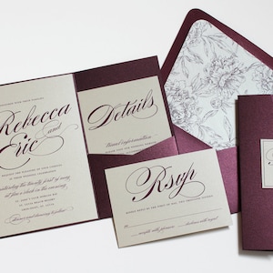 Purple Wedding Invitation, Pocket Invitation, Pocket Fold Wedding Invitation, Custom Colors, Metallic Invitation, Eggplant, Classic -DEPOSIT