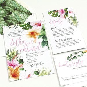 Hibiscus Wedding Invitation, Tropical Invitation, Destination Wedding Invitation, Palm leaves, watercolor, Hawaii Wedding DEPOSIT image 3