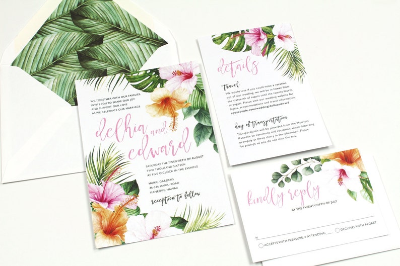 Hibiscus Wedding Invitation, Tropical Invitation, Destination Wedding Invitation, Palm leaves, watercolor, Hawaii Wedding DEPOSIT image 3