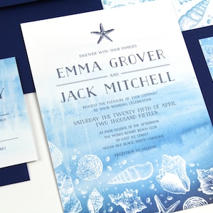 Beach Wedding Invitation, Nautical Wedding Invitation, Seashell Wedding Invitation, Starfish, navy blue SAMPLE image 1