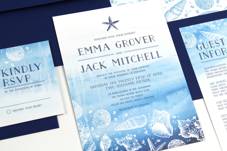 Beach Wedding Invitation, Nautical Wedding Invitation, Seashell Wedding Invitation, Starfish, navy blue SAMPLE image 1