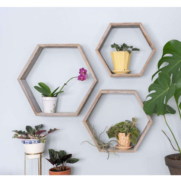 Hexagon Floating Wood Shelves (Set of 3) | Honeycomb, Geometric, Octagon Shelves, 100% Reclaimed Rustic Wood, Multiple Colors Available!