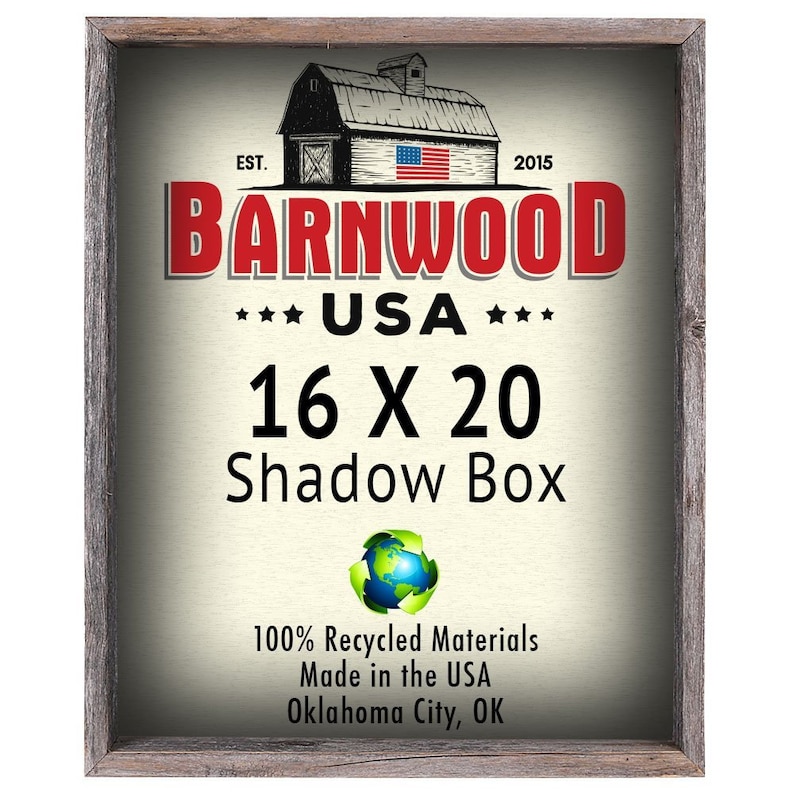 May include: A rustic wooden frame with a white background and a red and black logo that says "Barnwood USA". The frame is 16 inches by 20 inches and is made from 100% recycled materials. It is made in the USA and is from Oklahoma City, OK.