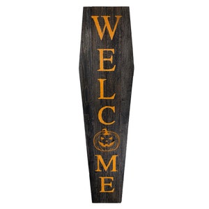Coffin Halloween Welcome Sign | Coffin Shaped 4 Foot Indoor or Outdoor | Vertical Porch Sign by BarnwoodUSA