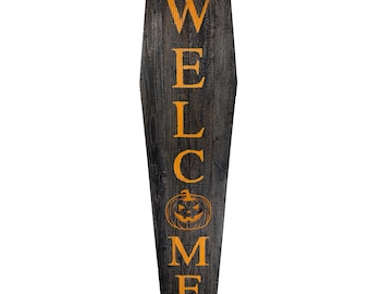 Coffin Halloween Welcome Sign | Coffin Shaped 4 Foot Indoor or Outdoor | Vertical Porch Sign by BarnwoodUSA