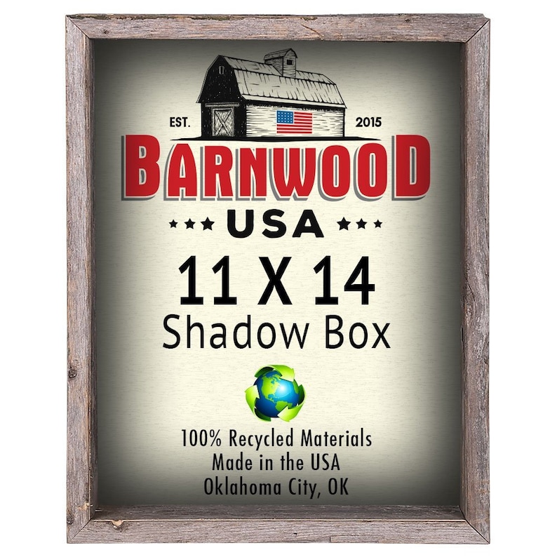 May include: A rustic wooden shadow box frame with a red and white barn image and the text "Barnwood USA 11 x 14 Shadow Box". The frame is made from 100% recycled materials and is made in the USA.