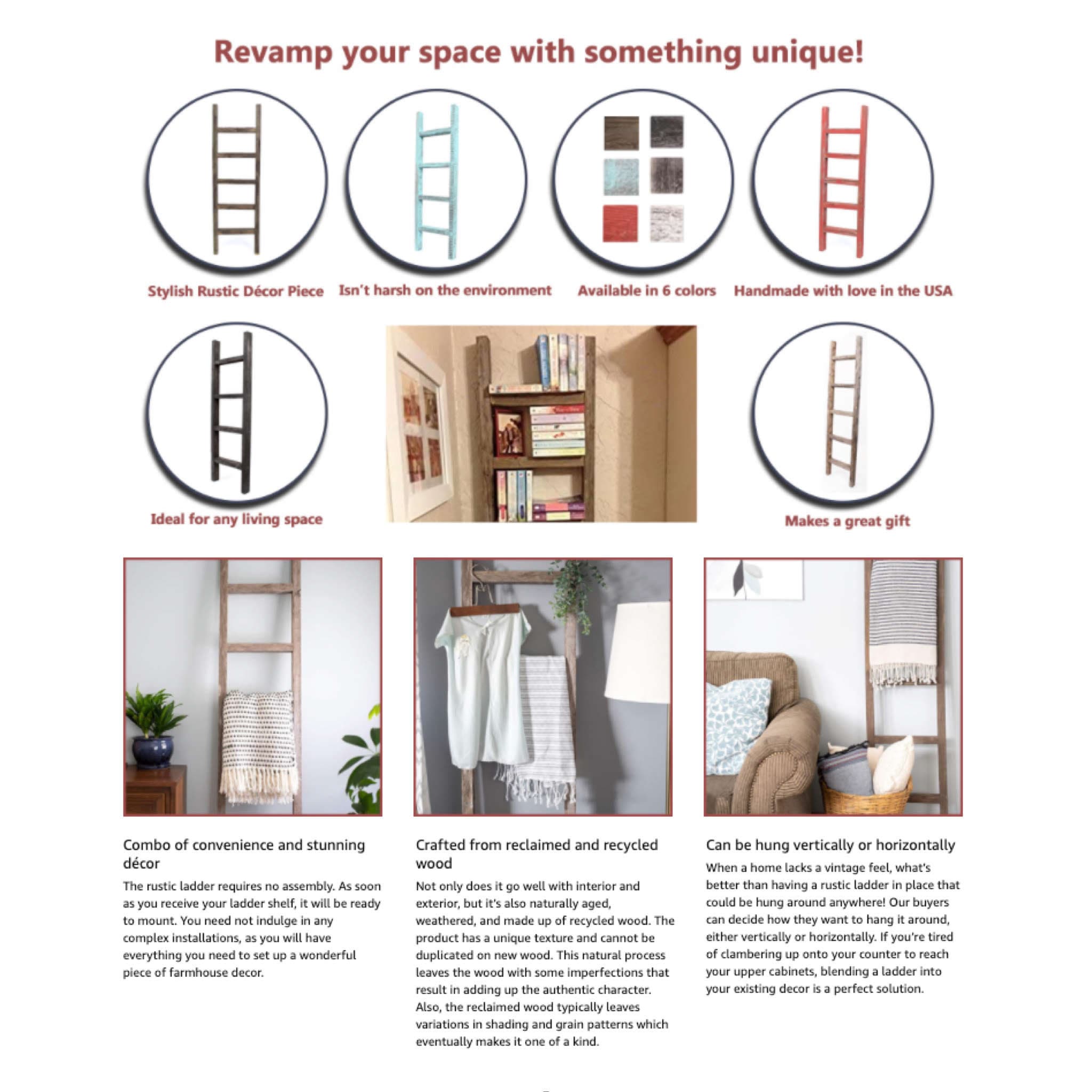 Rustic Farmhouse Decorative Wood Ladder 1.625" Deep Ladder Multiple