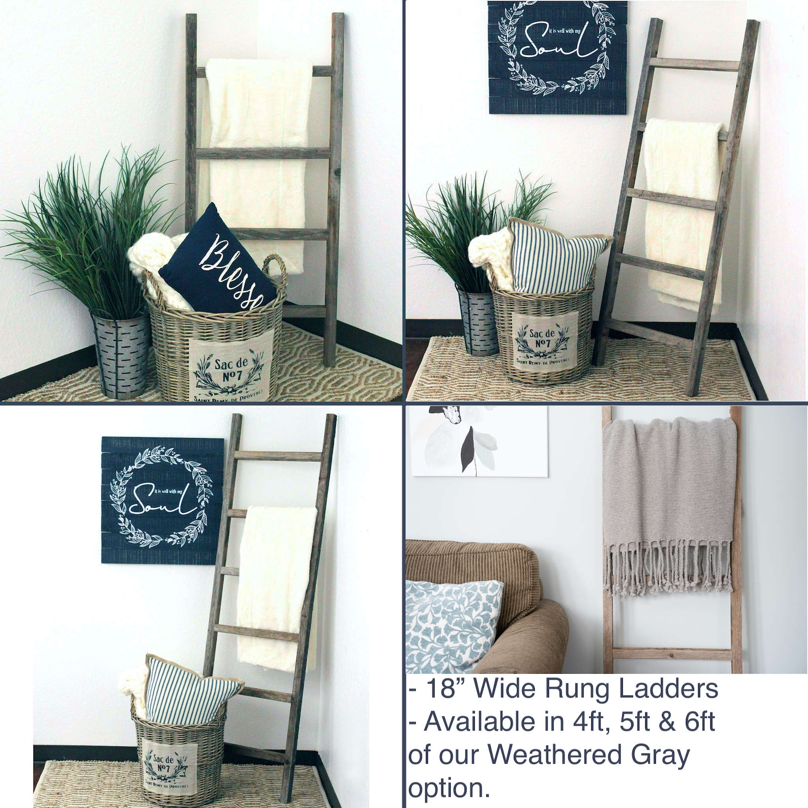 Rustic Farmhouse Decorative Wood Ladder 1.625 Deep Ladder Multiple ...