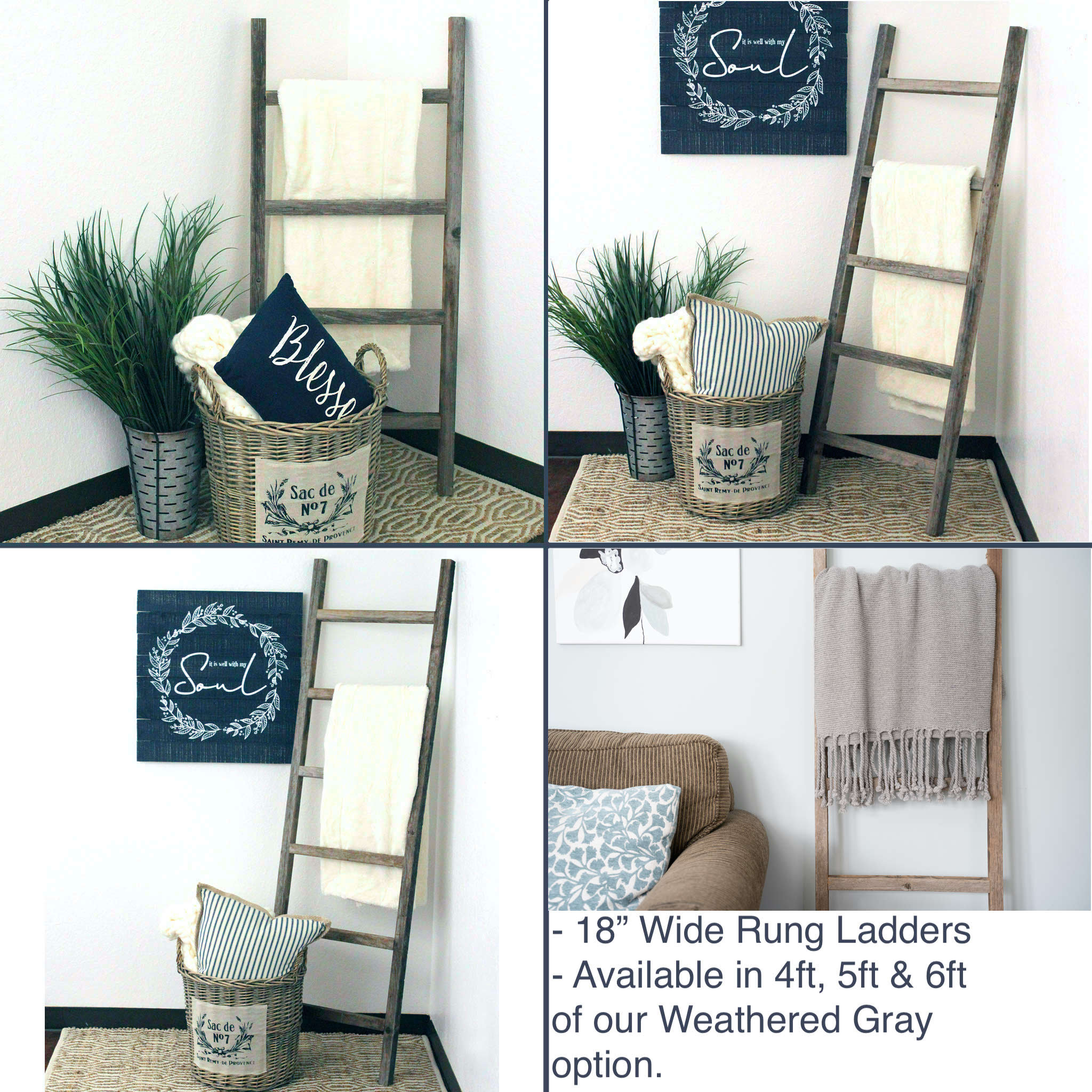 Rustic Farmhouse Decorative Wood Ladder 1.625" Deep Ladder Multiple