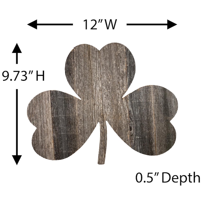 May include: A wooden shamrock wall decor with a rustic gray finish. It measures 12 inches wide, 9.73 inches high, and 0.5 inches deep.