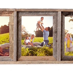 May include: A rustic wooden picture frame with three separate openings, each displaying a different family photo. The photos show a family enjoying a sunny day outdoors, with a father tossing a child in the air, a mother and child sitting on the grass, and a family blowing bubbles.