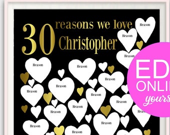 EDITABLE 30th Birthday Gift Poster- Personalized 30th Birthday Party Guest Book For  Dad, Wife, Sister, Black Gold Decorations, DOWNLOAD DIY