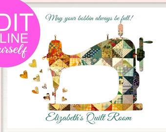 Patchwork Sewing Room Art -  Sewing Machine Art, Gift for Quilters, Craft Room Wall Decor, Sewing Room Sign, Sewing Machine Print