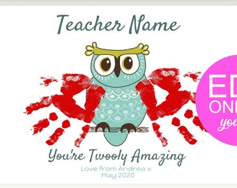 Personalized Teacher Appreciation Gifts - Teacher Thank You Printable, Teacher Appreciation Printable, Gift Idea, Owl Handprint DIY Download