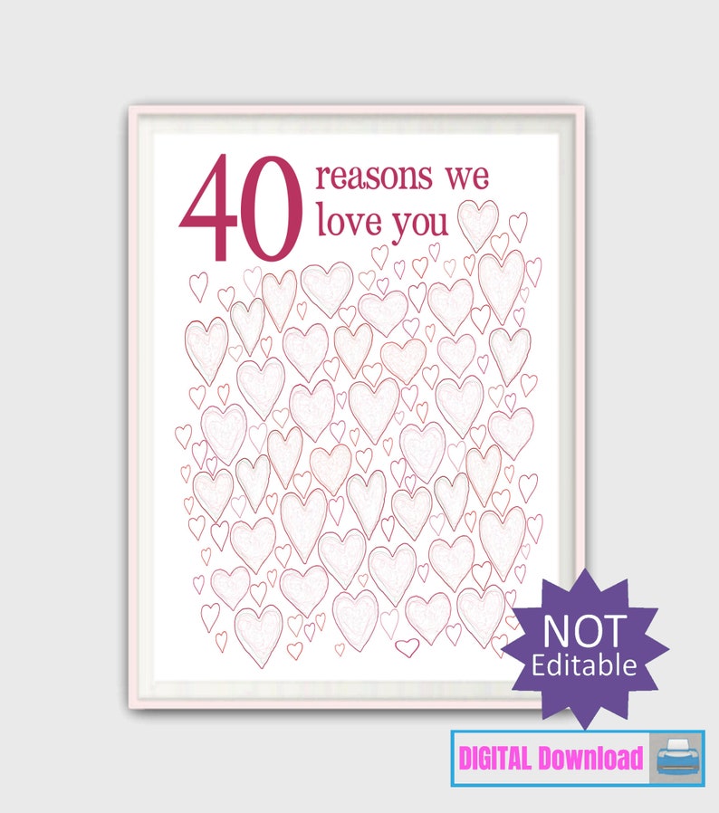 40e verjaardagscadeaus voor vrouw 40e verjaardag afdrukken, voor zus, voor haar, voor vriend, PRINTABLES, feest decoraties, gastenboek, DOWNLOAD afbeelding 1